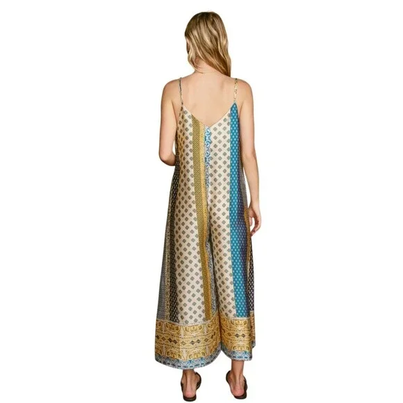 Boho Wide Leg Silky Satin Palazzo Jumpsuit M Multicolor Hippie Gypsy - Picture 4 of 16